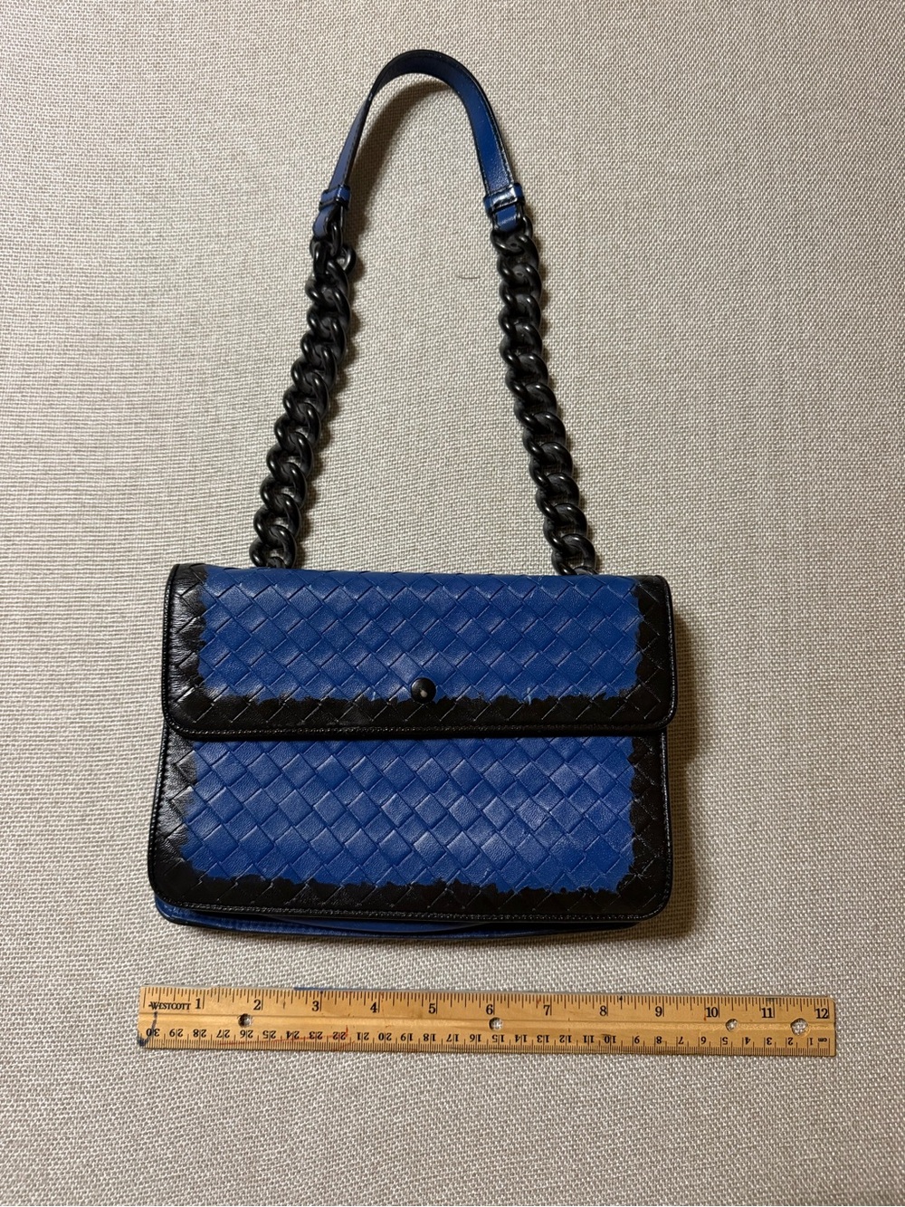 Bottega Veneta Blue and Black Woven Shoulder Bag with Chain Strap